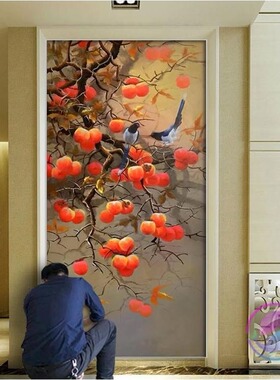 新中式入户玄关装饰画走廊过道自粘柿柿如意墙纸书房客厅定制壁画