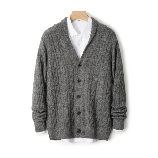 26重磅加厚100纯羊毛开衫 男青果领针织外套宽松休闲加厚毛衣上衣