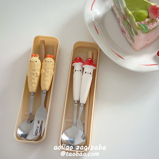 可爱卡通蘑菇叉子筷子勺套装学生便携陶瓷餐具上班族高颜值一人用