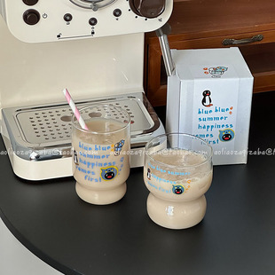 夏季可爱企鹅酷儿玻璃杯ins简约高高硼硅水杯耐高温牛奶果汁杯子