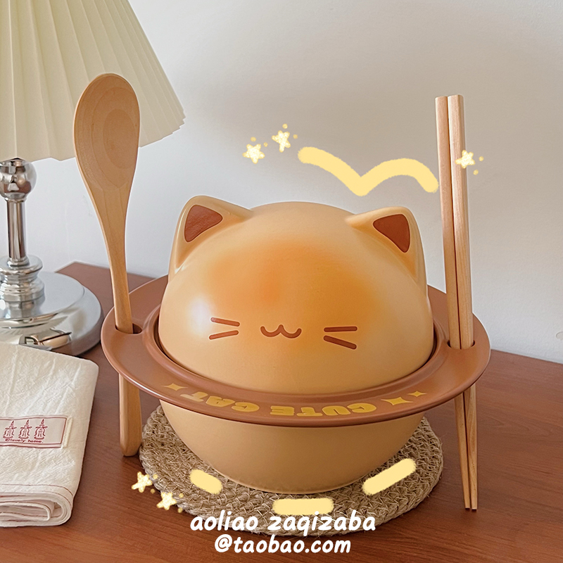 可爱猫咪陶瓷泡面碗好看餐具碗