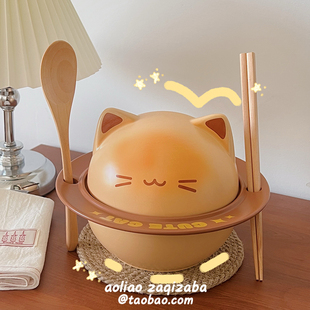 可爱暹猫咪泡面碗陶瓷带盖高颜值大容汤碗面碗家用宿舍生日礼物女