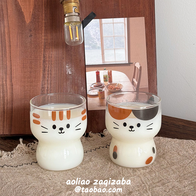 ins可爱三花猫咪玻璃水杯创意牛奶杯少女心早餐杯办公室早餐杯