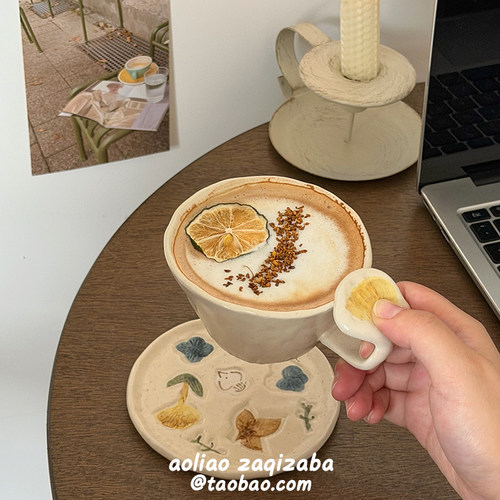 日系手作浮雕花鸟陶瓷咖啡杯碟