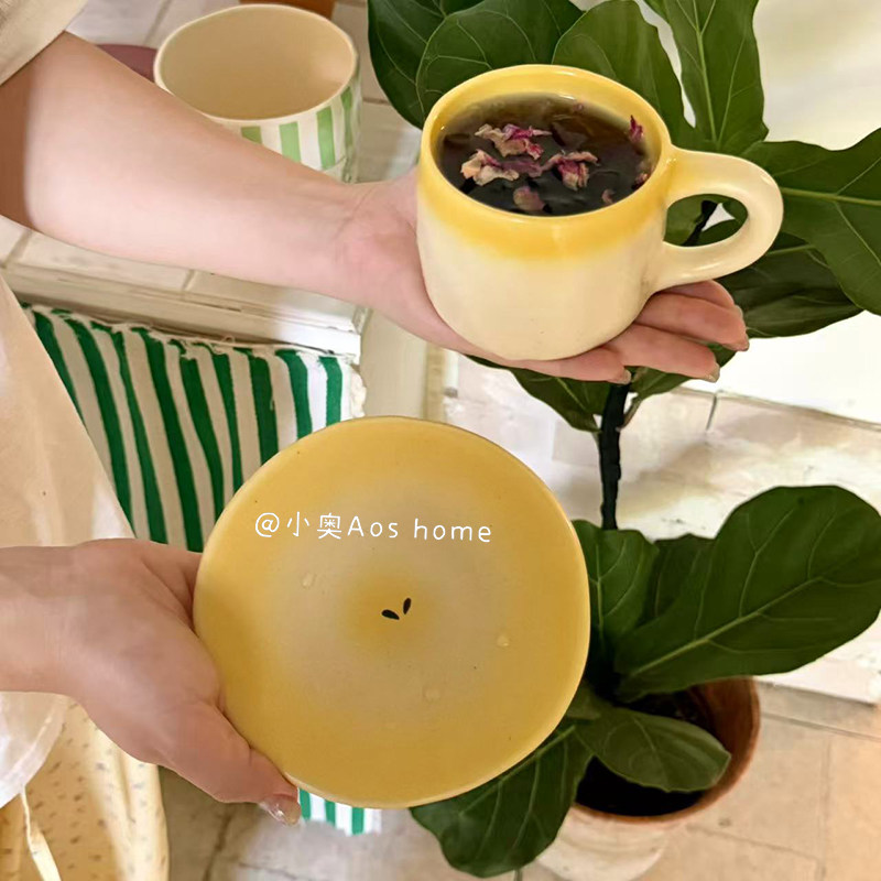 韩式渐变创意苹果造型马克杯带杯碟高颜值办公室下午茶咖啡杯家用