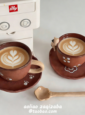 日式中古风创意粗陶瓷猫咪咖啡杯家用大容量办公室拿铁拉花马克杯