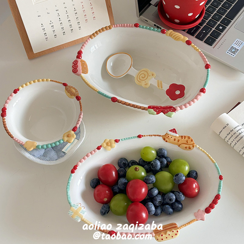 可爱卡通陶瓷餐具套装家用高颜值饭碗汤碗盘子酸奶碗水果沙拉碗,餐饮具,餐具瓷器套装,淘宝优惠券,粉丝福利购,淘宝优惠卷