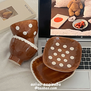 日系粗陶复古一人食餐盘饭碗套装波点釉下彩酸奶碗甜品方盘高颜值