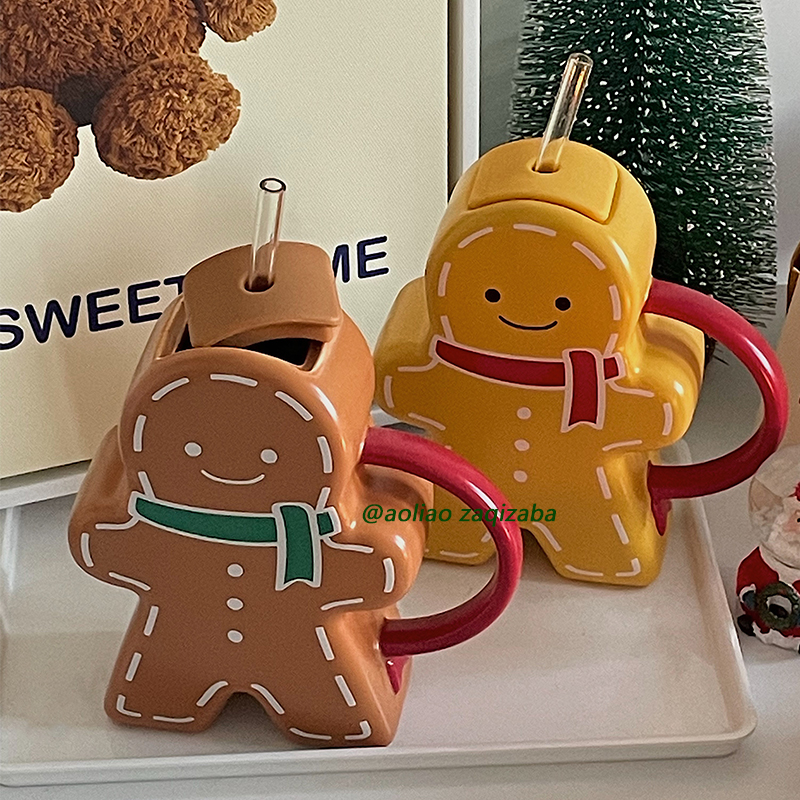 可爱姜饼人马克杯创意圣诞礼物陶瓷杯子带盖高颜值送女生情侣水杯