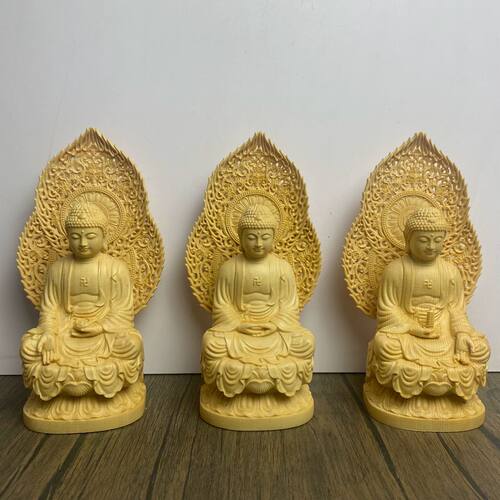 桧木木雕三宝佛释迦摩尼佛药师佛阿弥陀佛家居佛堂装饰摆件