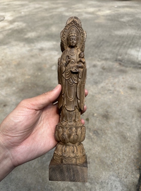 越南沉香木雕三面观音菩萨佛像家用供奉站莲花南海观世音菩萨摆件