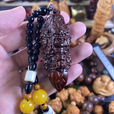正宗小叶紫檀木雕刻大黑天金刚降魔杵手把件汽车挂件文玩随身盘玩