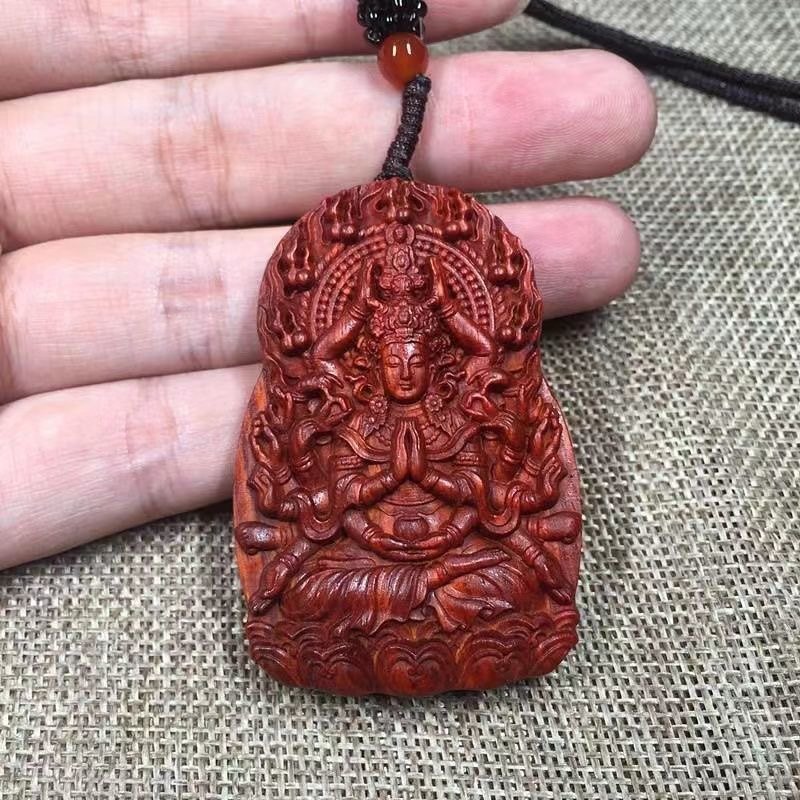 小叶紫檀千手观音红木木雕佛牌挂件吊坠项链佛挂坠牌子汽车工艺品