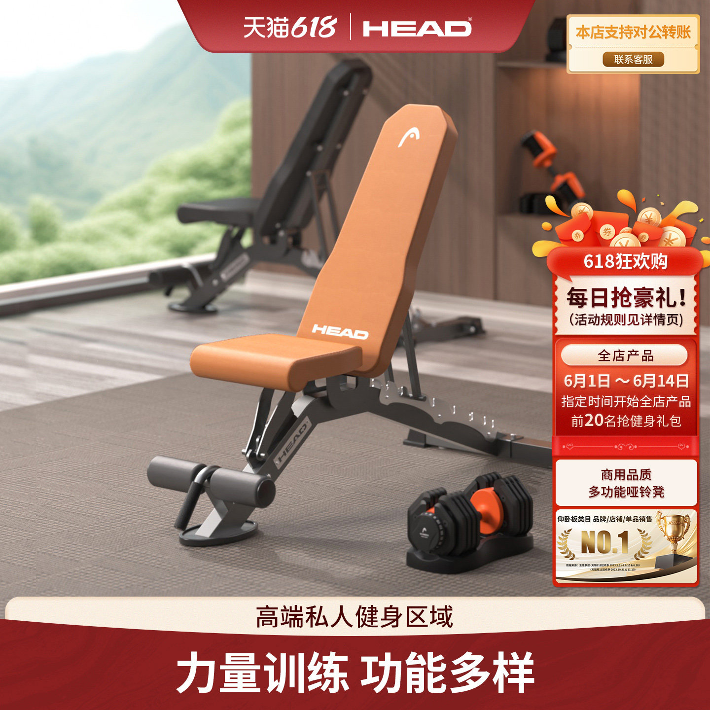 HEAD海德哑铃凳卧推凳健身椅仰卧起坐运动器材男士商用椅子训练凳