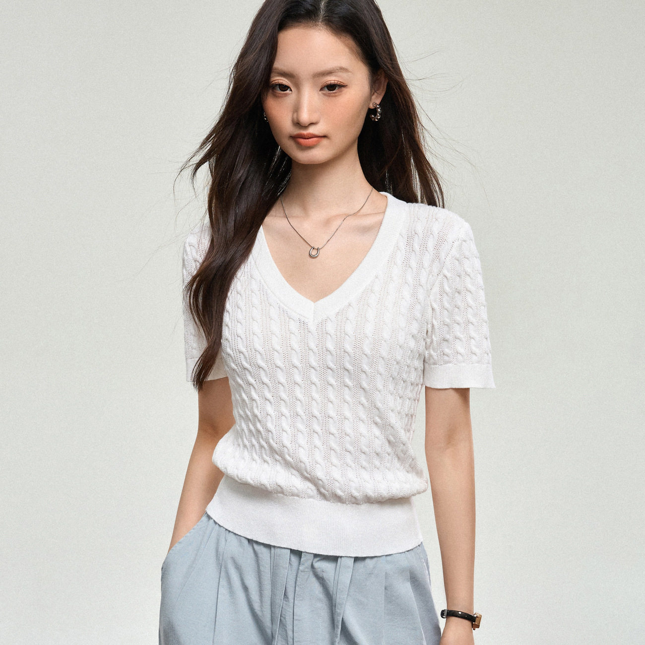 100%棉麻花针织衫V领女夏2026新款韩系简约宽松百搭显瘦短袖上衣