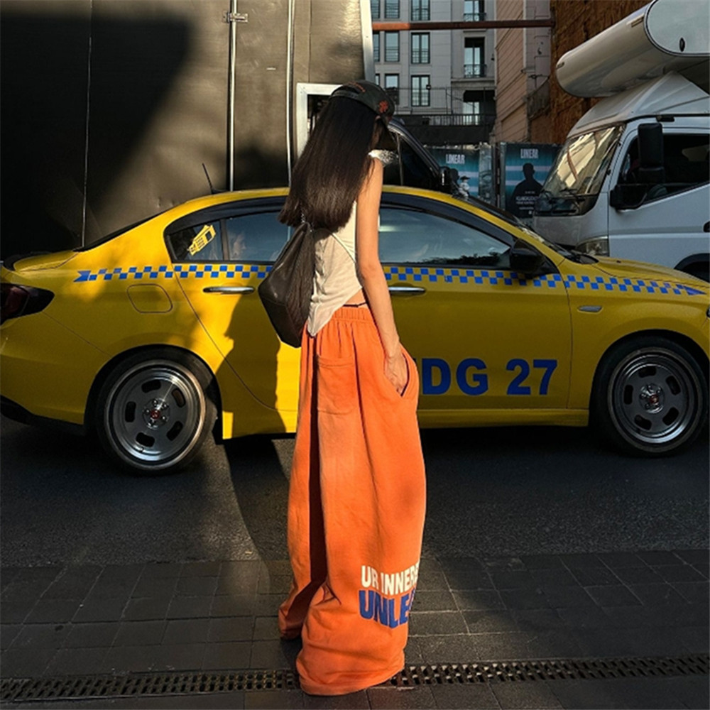 橙色阔腿运动卫裤女慵懒拖地长裤