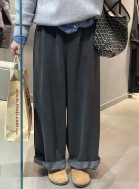 毛呢阔腿运动卫裤女垂感长裤子春秋宽松松弛感卷边休闲直筒西装裤