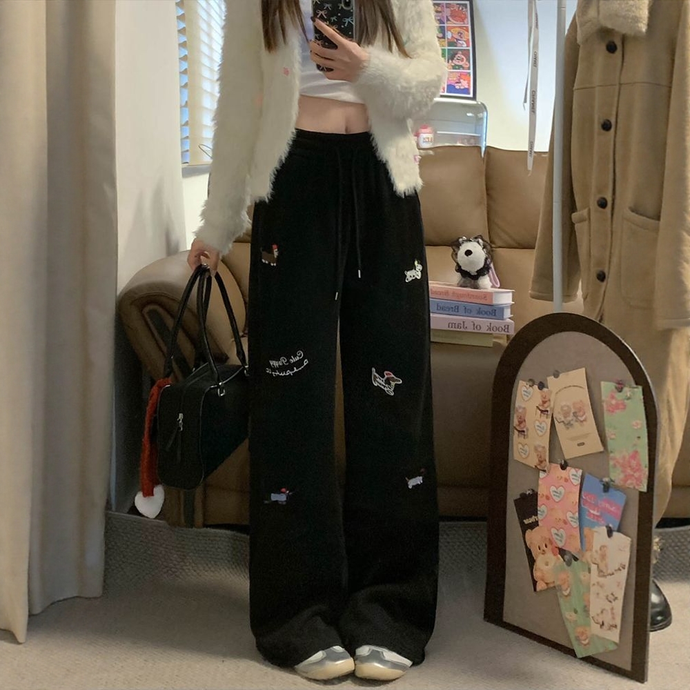 腊肠狗刺绣阔腿运动卫裤女长裤子