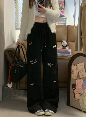 腊肠狗刺绣阔腿运动卫裤女软糯长裤子春秋韩版宽松垂感直筒休闲裤