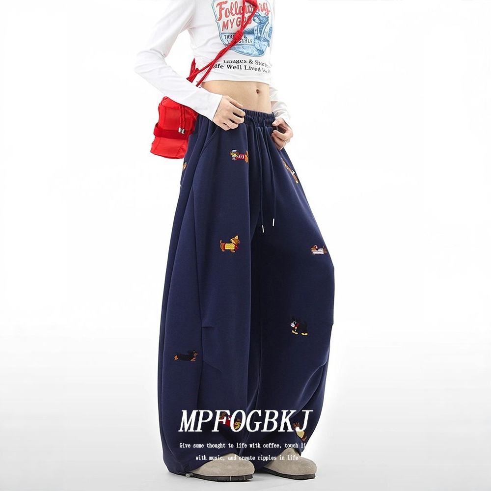 刺绣阔腿运动卫裤女宽松慵懒长裤