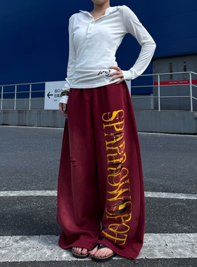 美式嘻哈爵士破洞运动卫裤女拖地长裤子春秋松弛感宽松阔腿运动裤