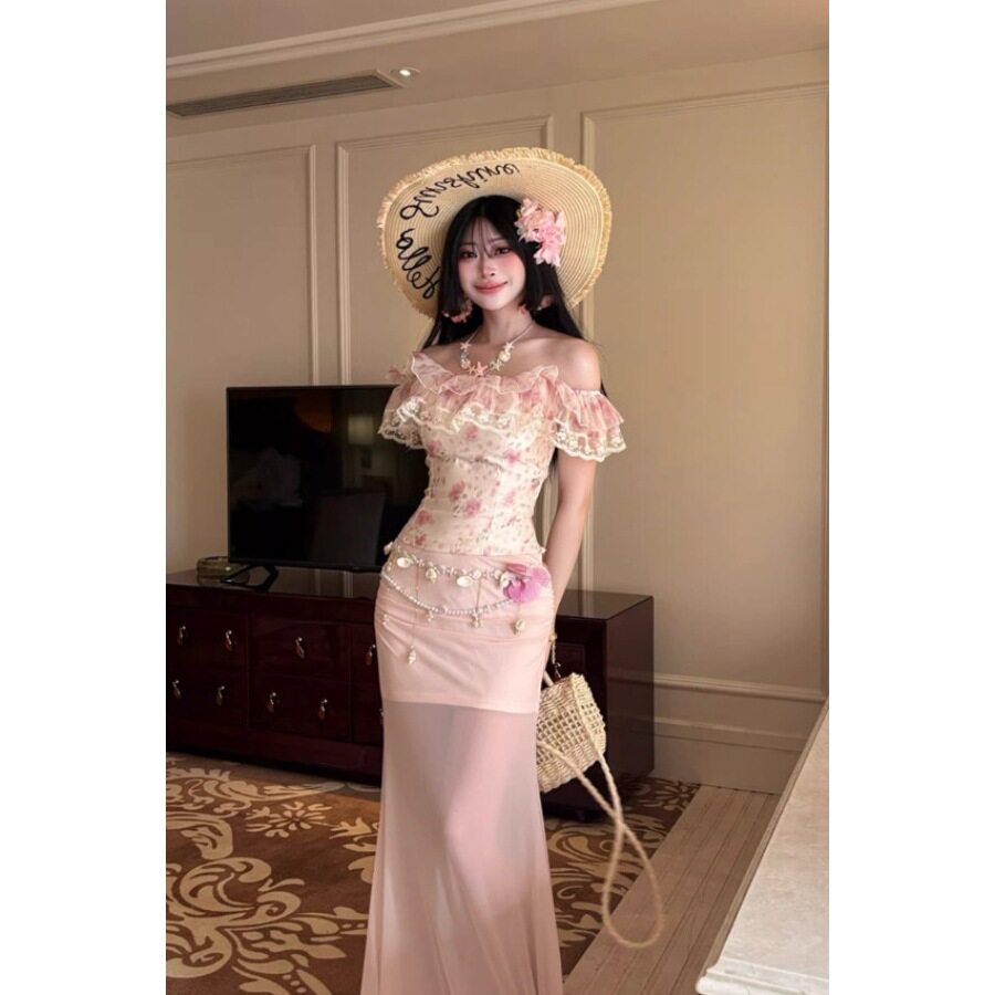 法式甜美减龄荷叶边碎花拼接上衣女春夏气质高腰显瘦网纱半裙套装
