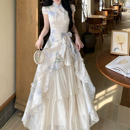 空谷幽兰 温婉新中式印花改良旗袍裙子夏季不规则拼接大摆连衣裙