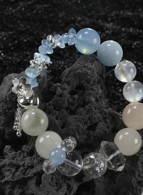 SHURUI 海蓝宝 蓝月光 白水晶天然石手串招财手链温润百搭设计感