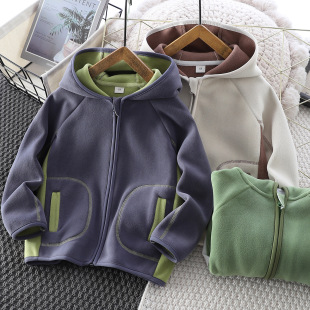 儿童外套春秋2025新款童装男童毛绒厚卫衣连帽奥粒绒宝宝抓绒上衣