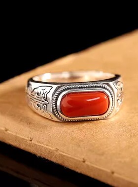 复古S925纯银镶南红马鞍戒