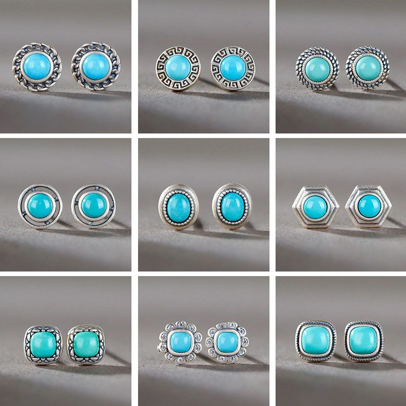 蒙客S925银镶嵌原矿绿松石耳钉