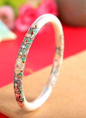 蒙客足银9999描金珐琅彩镂空手镯