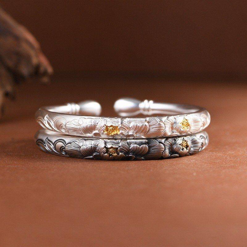 蒙客 足银手镯古朴优雅牡丹花蒜头镯复古做旧女款银镯子手饰