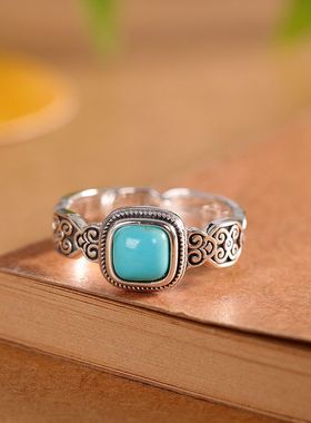 蒙客S925银镶嵌方形松石戒指