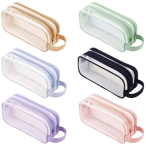 Large Grid Mesh Pencil Case 2 Compartments, Clear Pen Pencil
