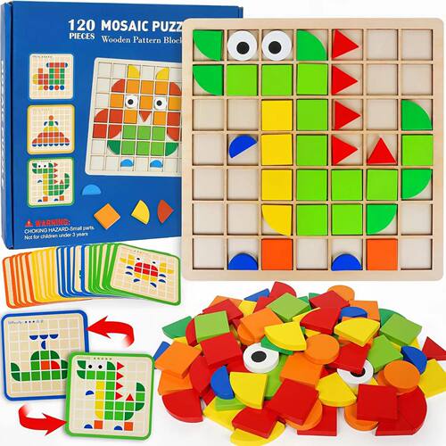 Wooden Montessori PuzzleToys Mosaic Color Shapes Sensory Gam