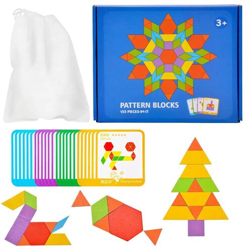 Pattern Blocks 155Pcs Wooden Tangram Montessori Toys Geometr