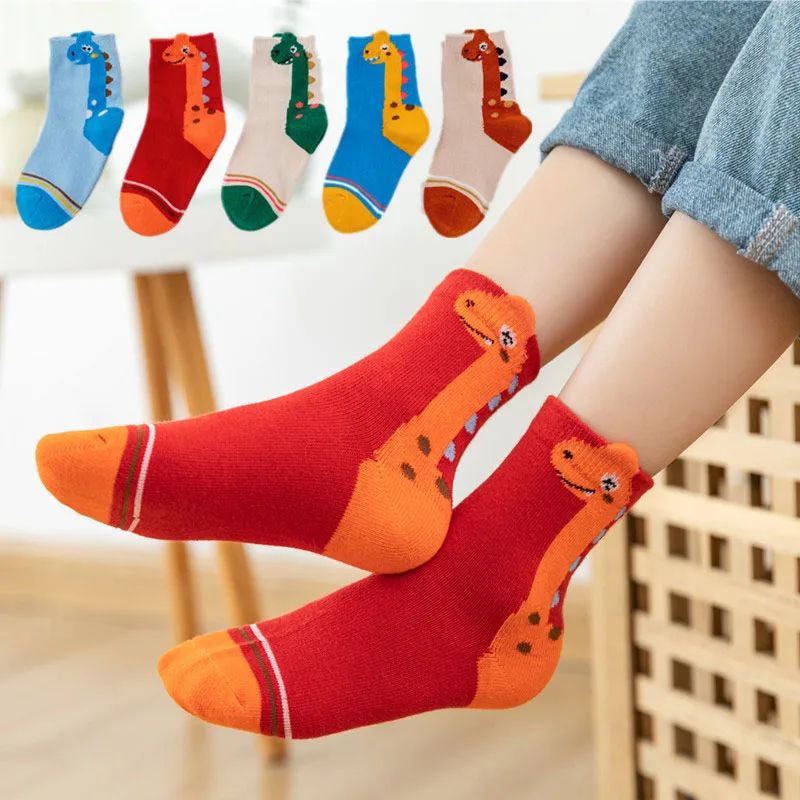 5 Pairs Kids Socks Cartoon Dinosaur Pattern Comfortable Chil