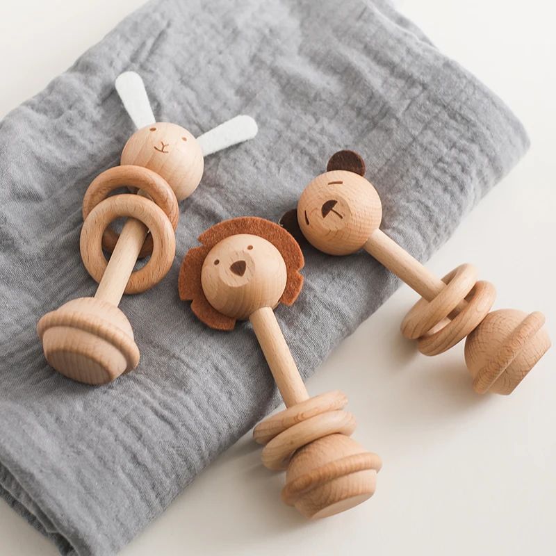 Wooden Teether for Newborn Baby Wooden Animal Rattle Toys 0