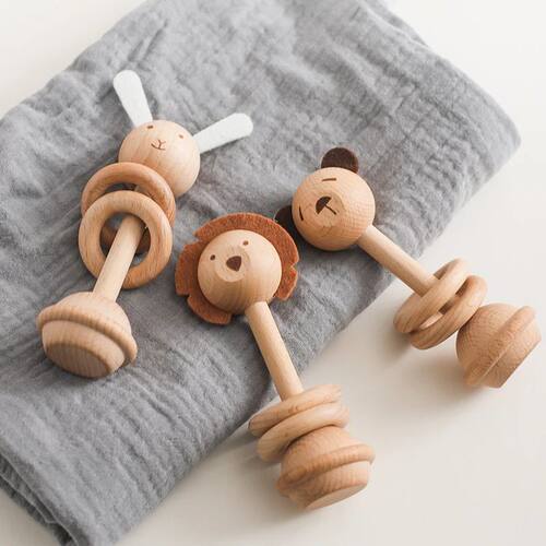 Wooden Teether for Newborn Baby Wooden Animal Rattle Toys 0