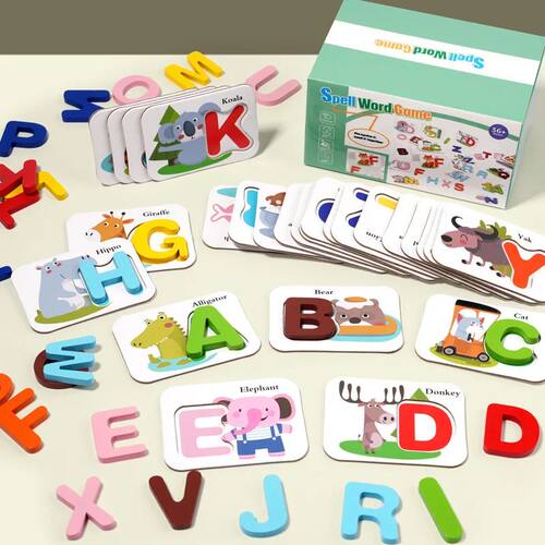 Montessori Wooden Spell Word Game Letter Cognitive Card Matc