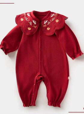 1st Birthday Baby Girl Romper Long Sleeve Cotton Red Color C
