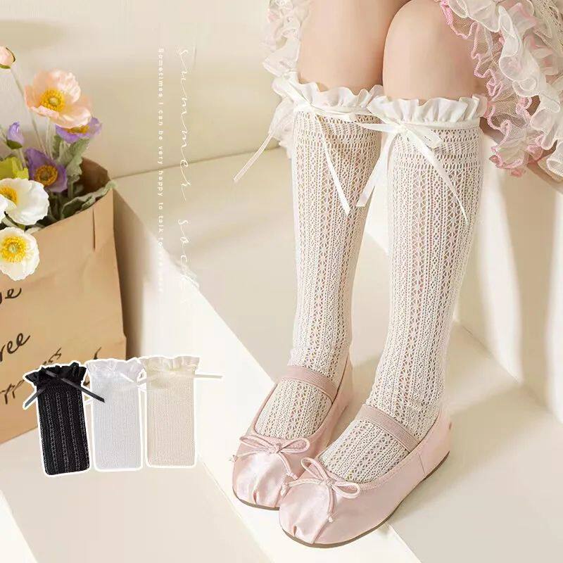Girls Long Tube Lace Stockings Sweet Bow Jacquard Pattern Me