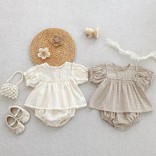 Girls Summer Fashion Set Children's Embroidered Grid Puff Sl