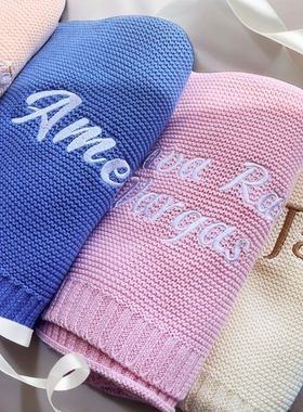 Embroidered Name Knitted Blanket  Stroller Cover Kids Cotton