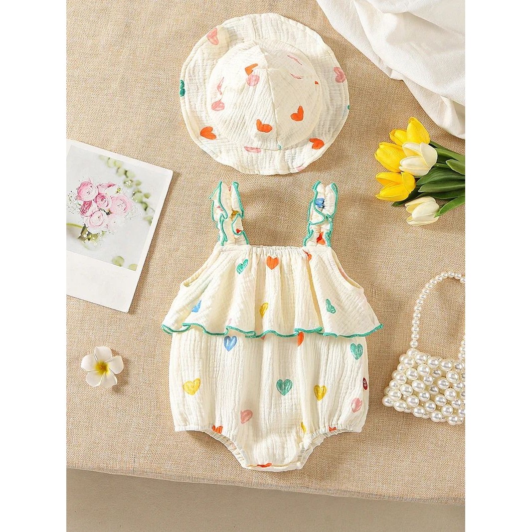 Summer Suspenders Bodysuit for Baby Girls 0-2Y Heart Printed