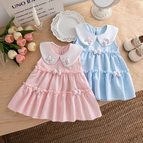 Baby Girl Dress Summer Cotton Bow Collar Sleeveless Girls Dr