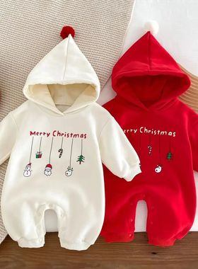 borns Cute Baby Christmas Costume Hooded Red Santa Hat Rompe