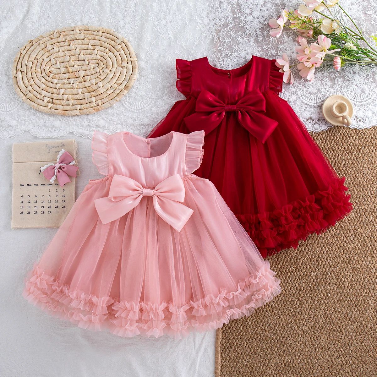 Baby Girl Dress Summer Cotton Bow Mesh Small Fly Sleeves Bab图片