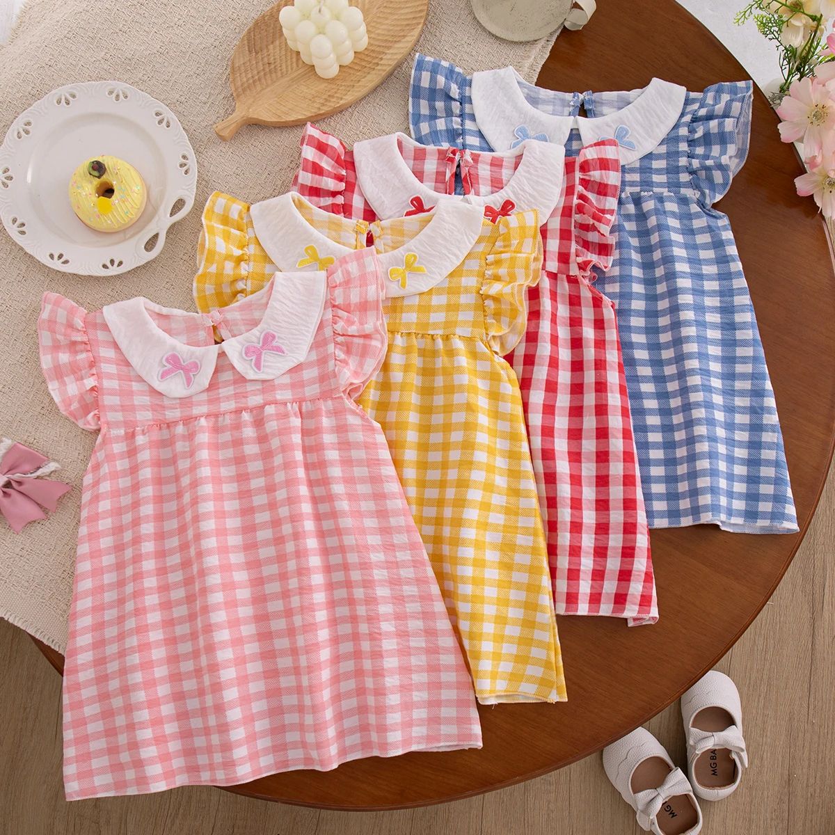 Baby Girl Dress Summer Cotton Checkered Bow Small Flying Sle图片